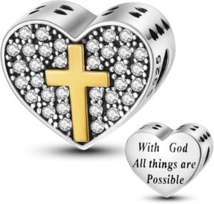 Charm Plata 925 - corazón con cruz dorada y zirconias