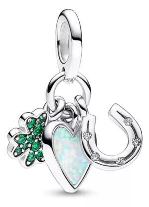 Charm Plata 925 - Colgante Triple Trébol de Cuatro Hojas, Corazón y Herradura