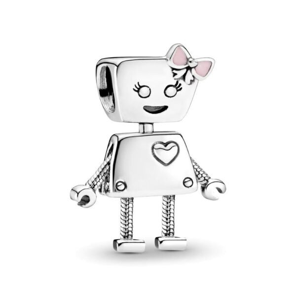 Charm Plata 925 - Robot Con Moño Rosa