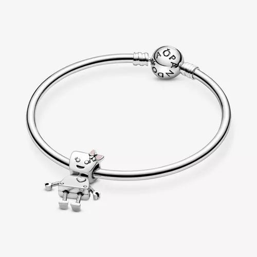 Charm Plata 925 - Robot Con Moño Rosa