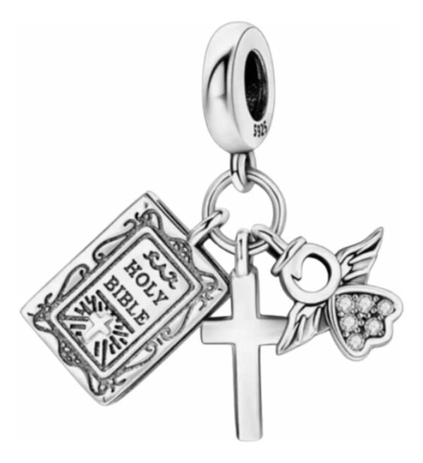 Charm Plata 925 -  colgante triple ángel, biblia y cruz