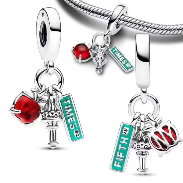 Charm Plata 925 - colgante triple manzana, antorcha, Time Square New York
